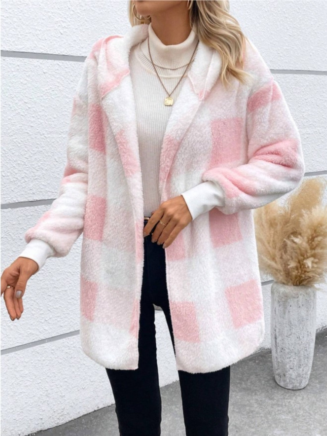 Plaid Long Sleeve Hooded Coat Casual Fashion