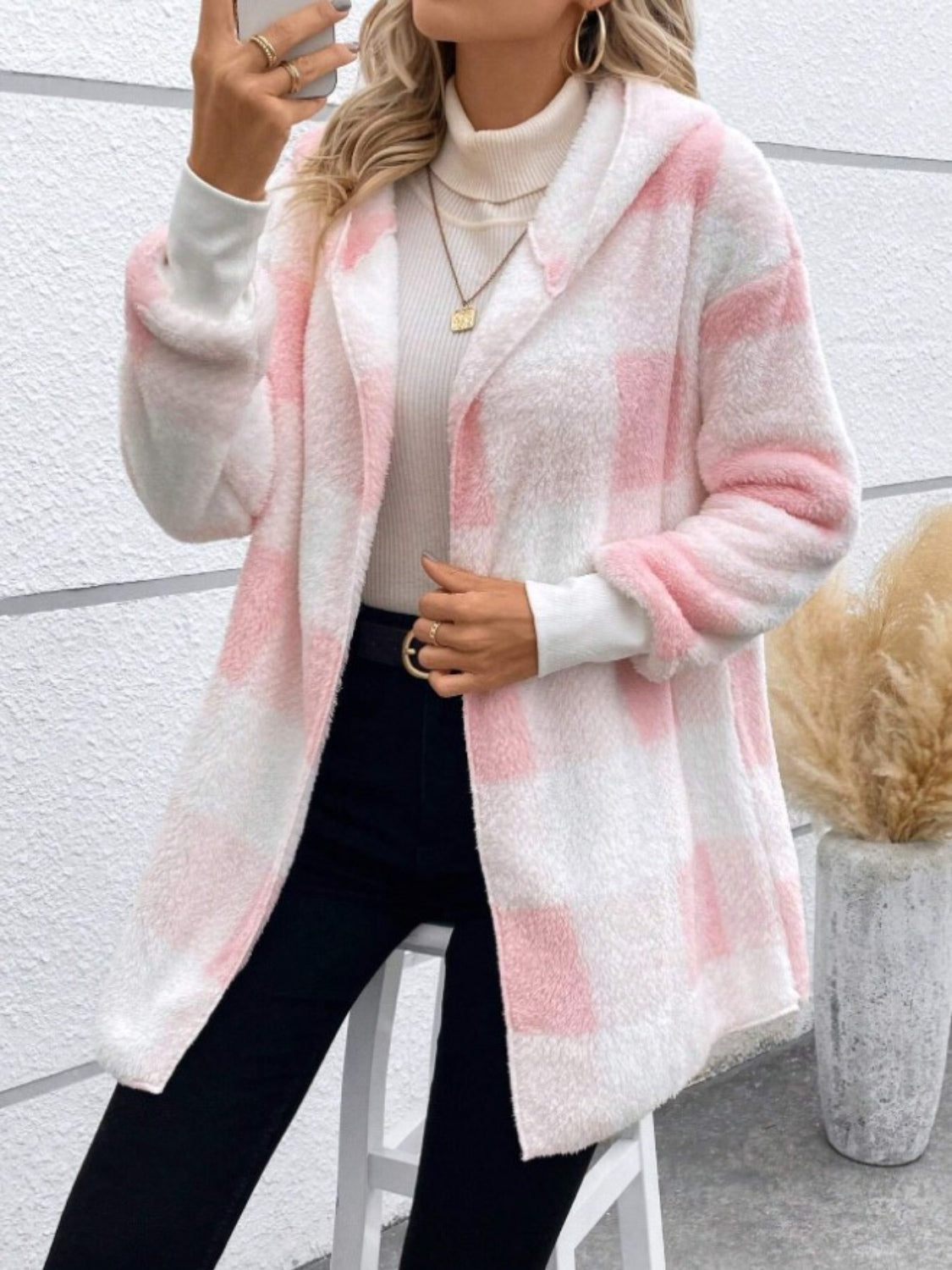 Plaid Long Sleeve Hooded Coat Casual Fashion