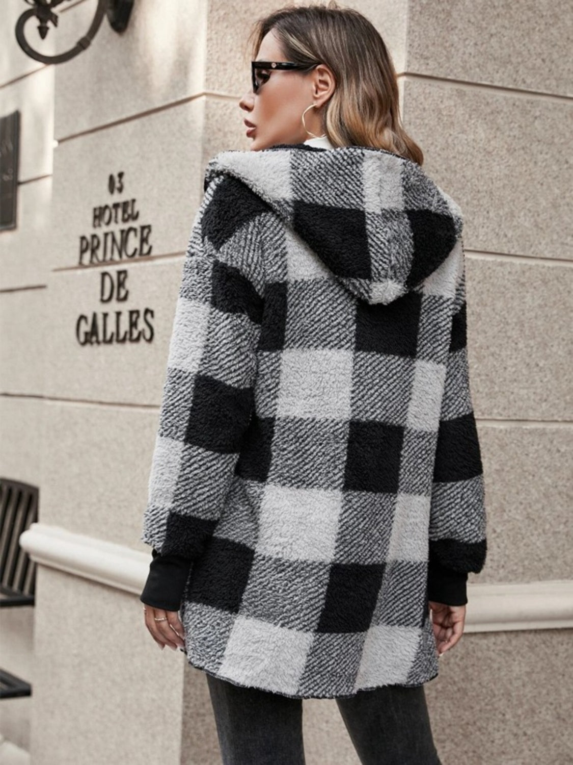 Plaid Long Sleeve Hooded Coat Casual Fashion