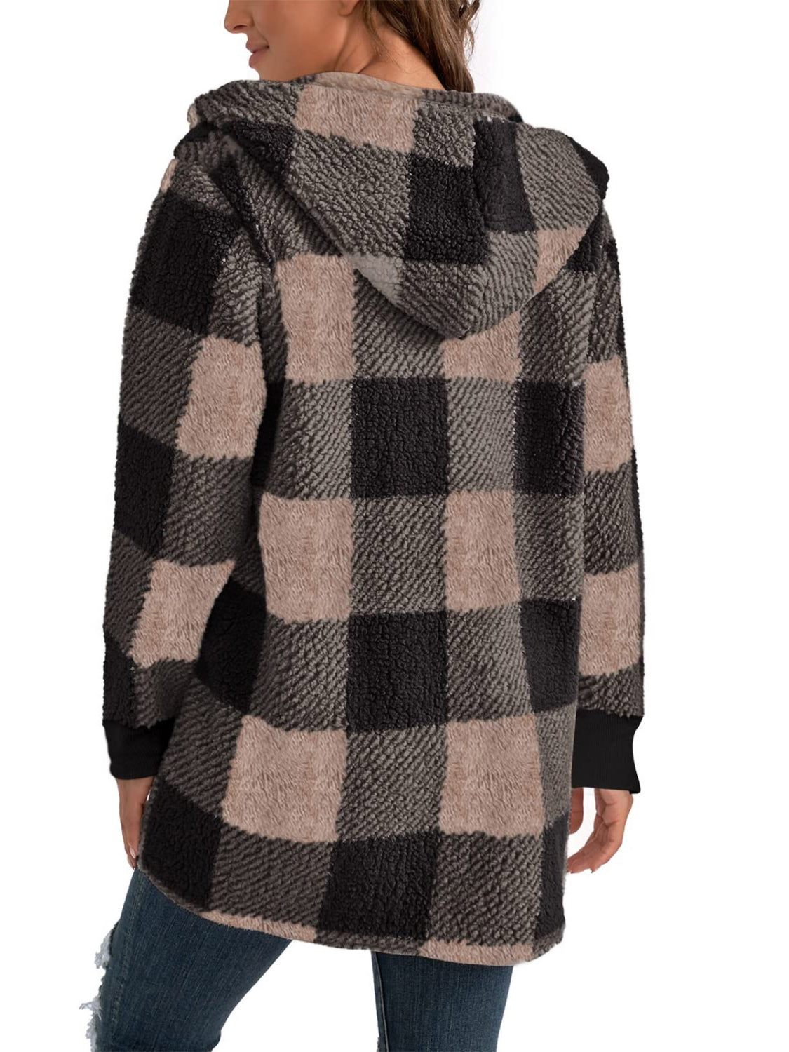 Plaid Long Sleeve Hooded Coat Casual Fashion