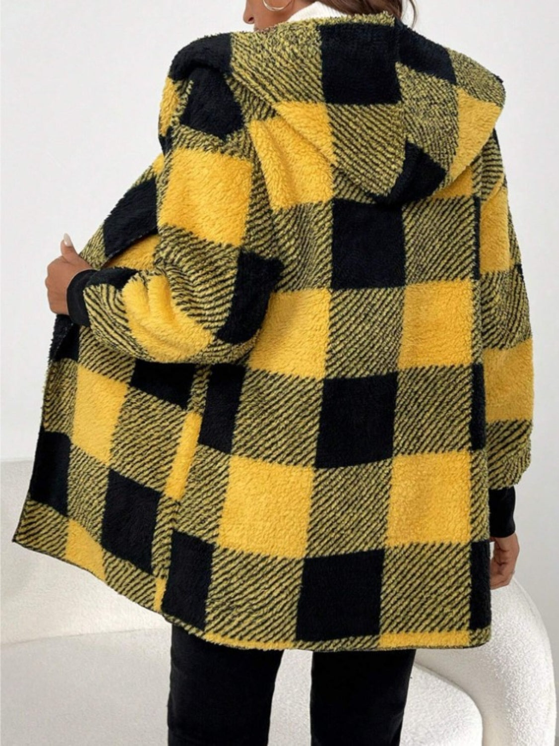 Plaid Long Sleeve Hooded Coat Casual Fashion