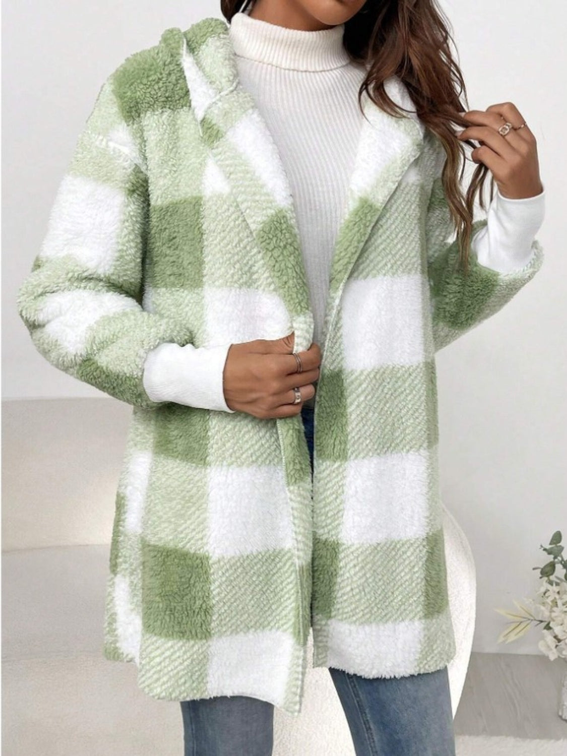 Plaid Long Sleeve Hooded Coat Casual Fashion