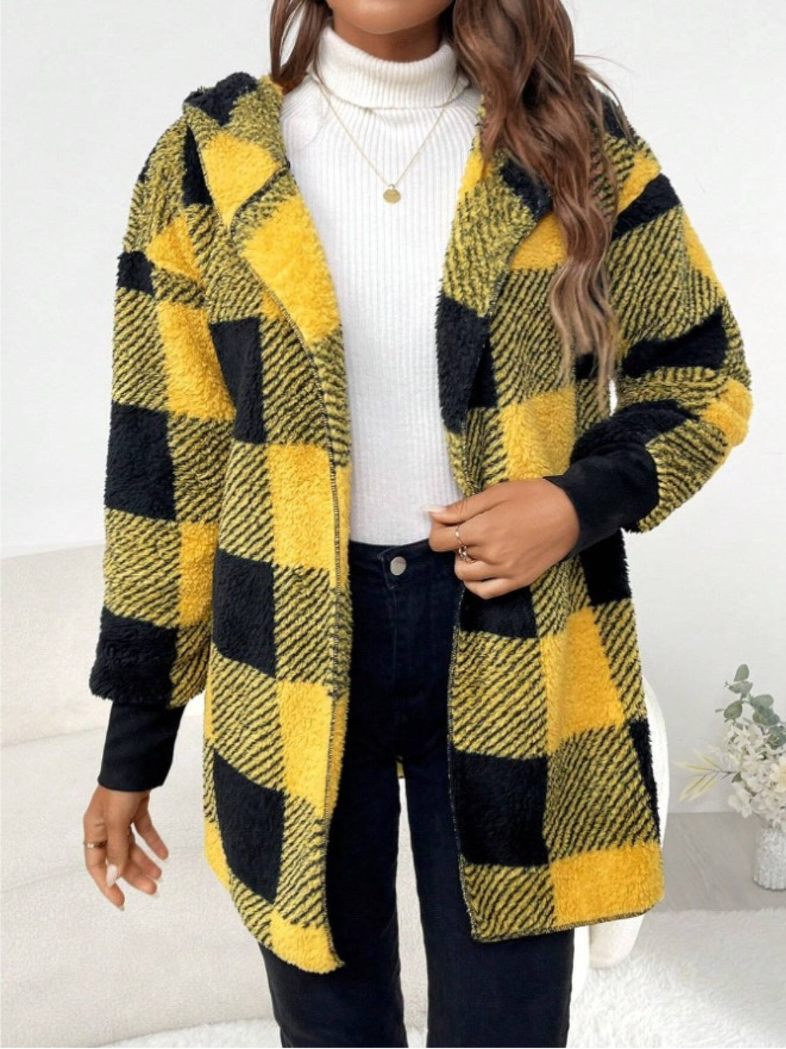 Plaid Long Sleeve Hooded Coat Casual Fashion