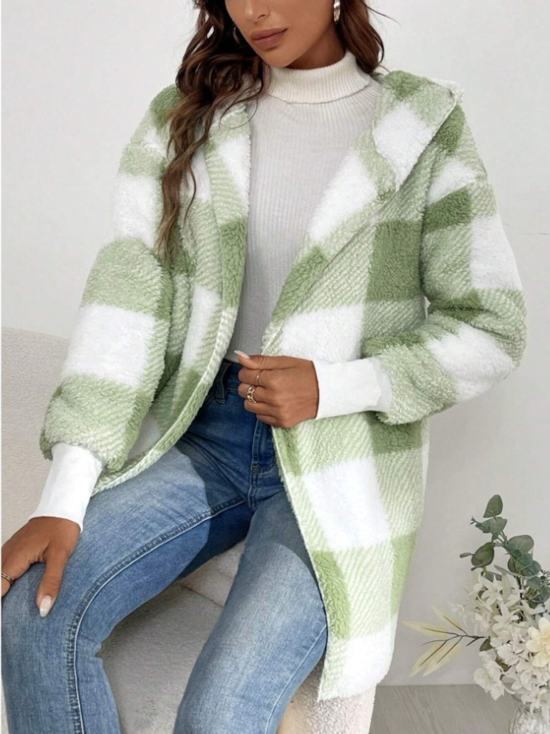 Plaid Long Sleeve Hooded Coat Casual Fashion