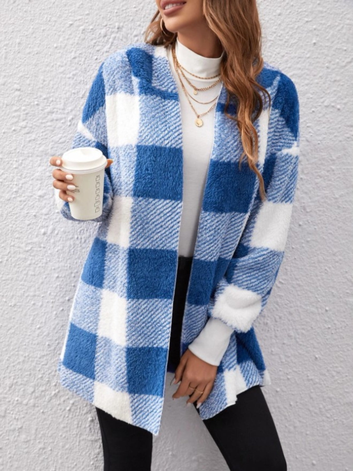 Plaid Long Sleeve Hooded Coat Casual Fashion