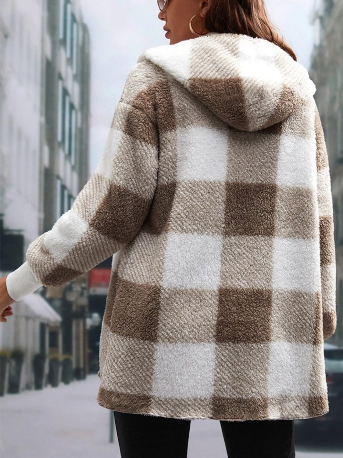 Plaid Long Sleeve Hooded Coat Casual Fashion