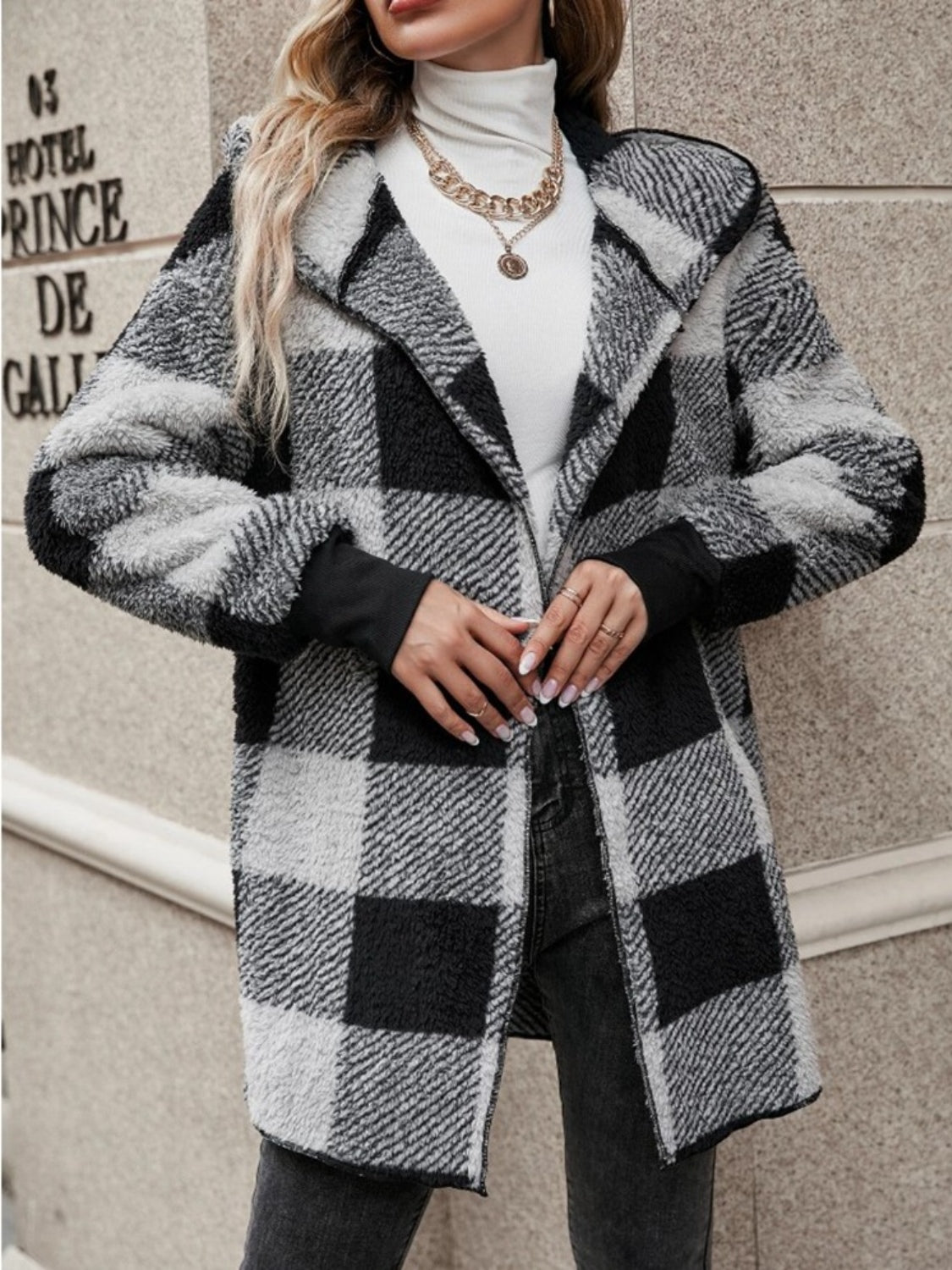 Plaid Long Sleeve Hooded Coat Casual Fashion