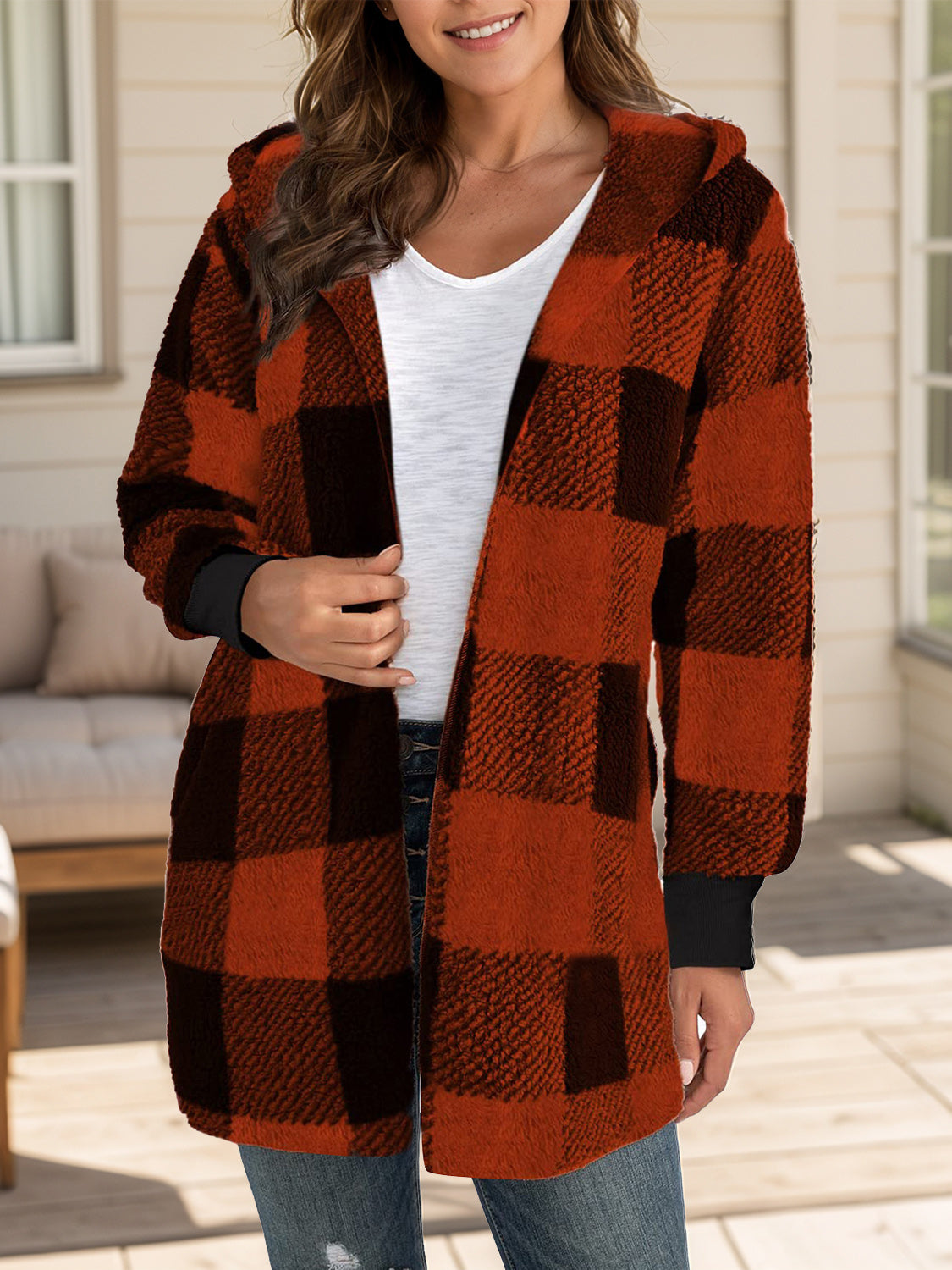 Plaid Long Sleeve Hooded Coat Casual Fashion