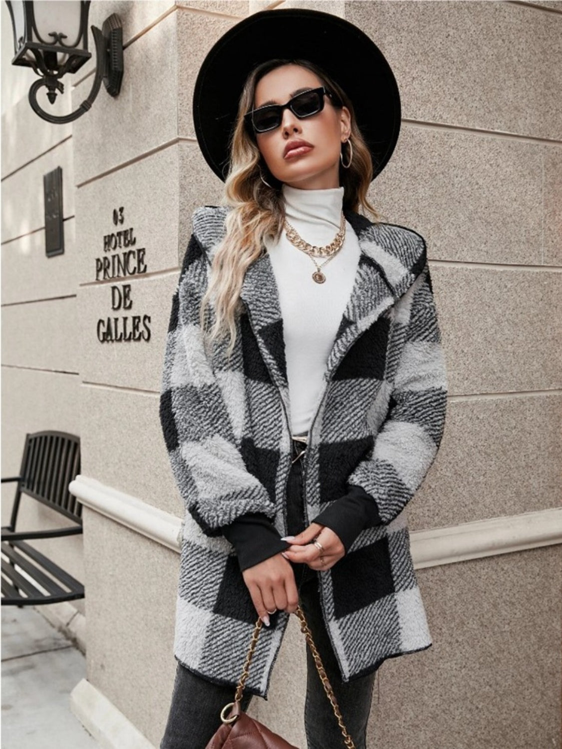 Plaid Long Sleeve Hooded Coat Casual Fashion