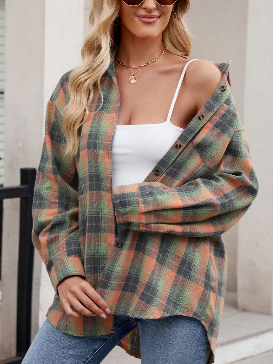 Plaid Collared Neck Long Sleeve Shirt Casual Fashion