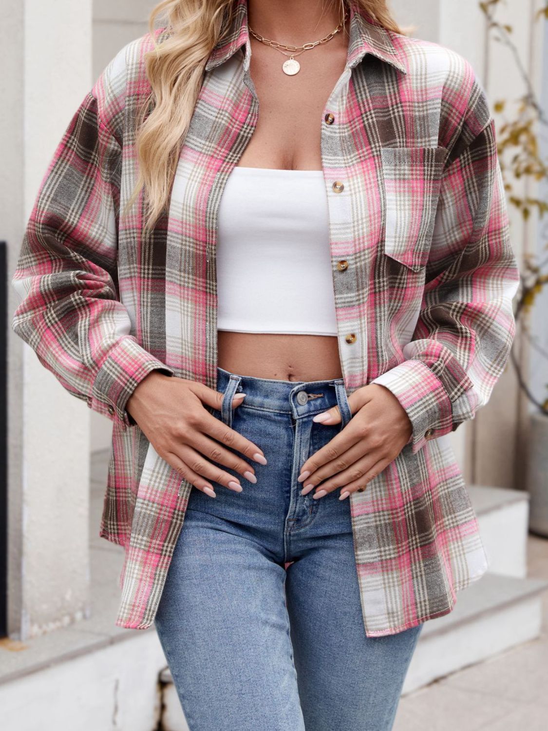 Plaid Collared Neck Long Sleeve Shirt Casual Fashion