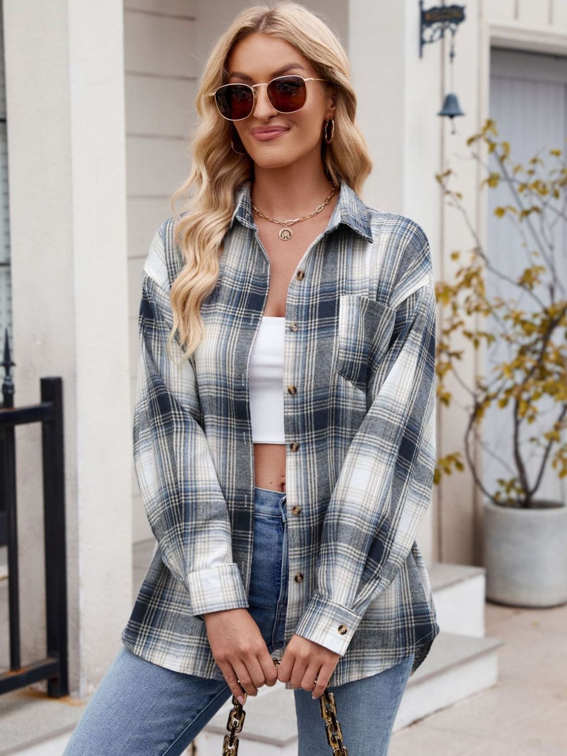 Plaid Collared Neck Long Sleeve Shirt Casual Fashion