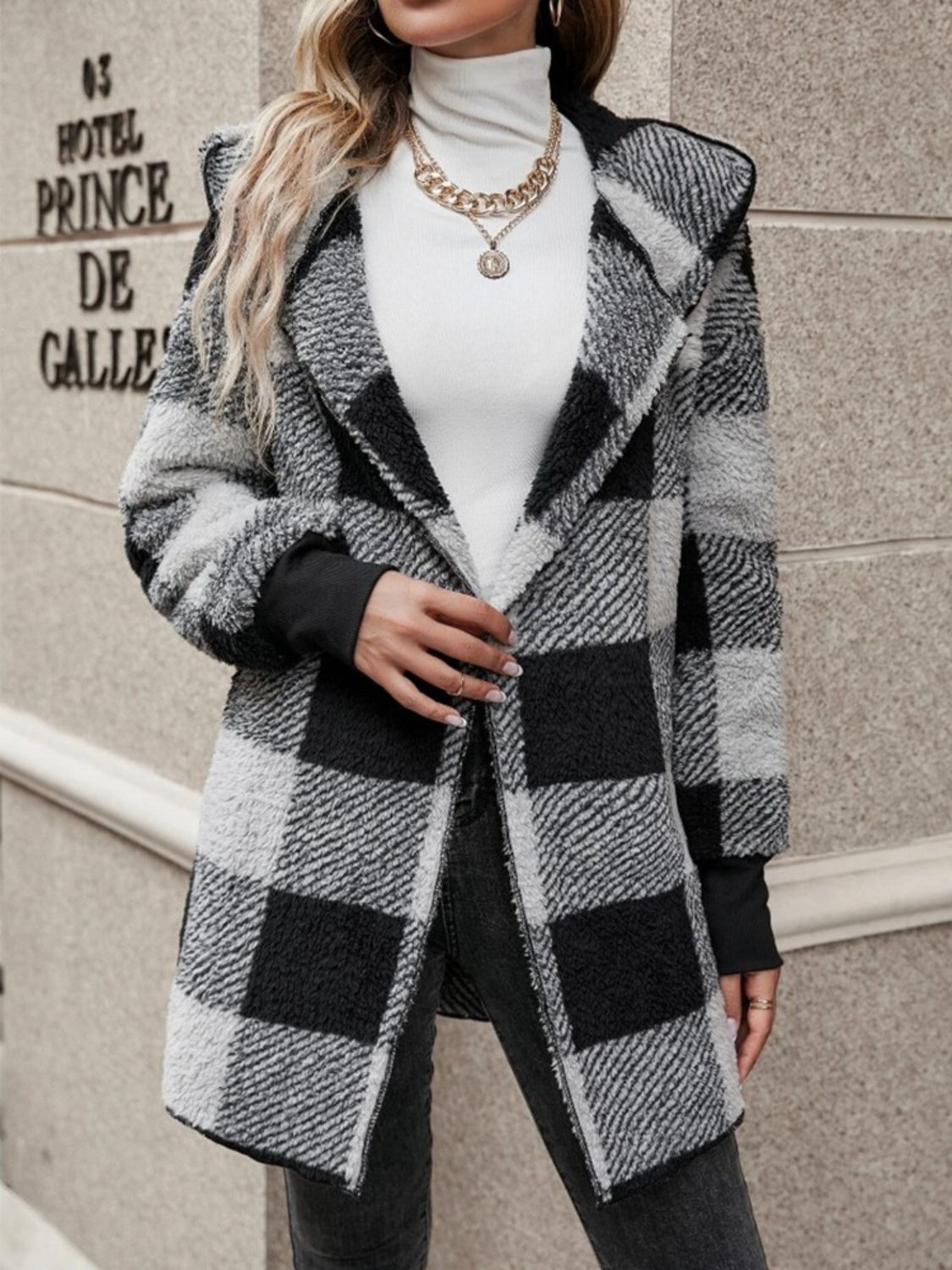 Plaid Long Sleeve Hooded Coat Casual Fashion