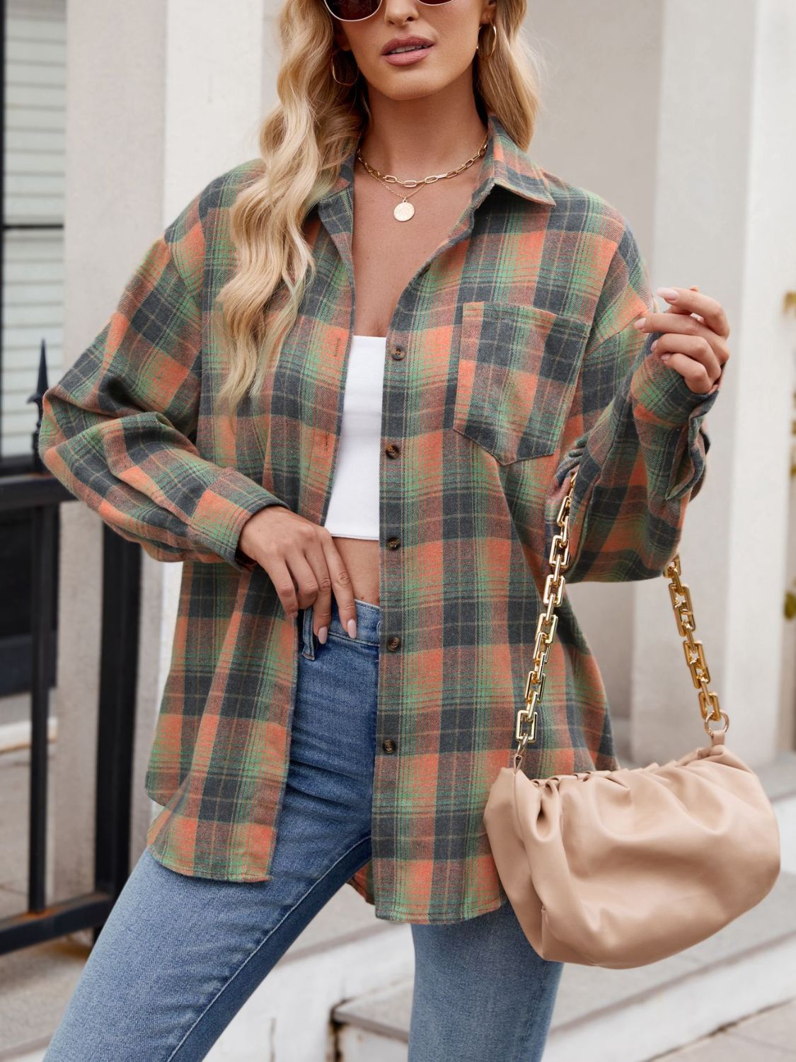 Plaid Collared Neck Long Sleeve Shirt Casual Fashion