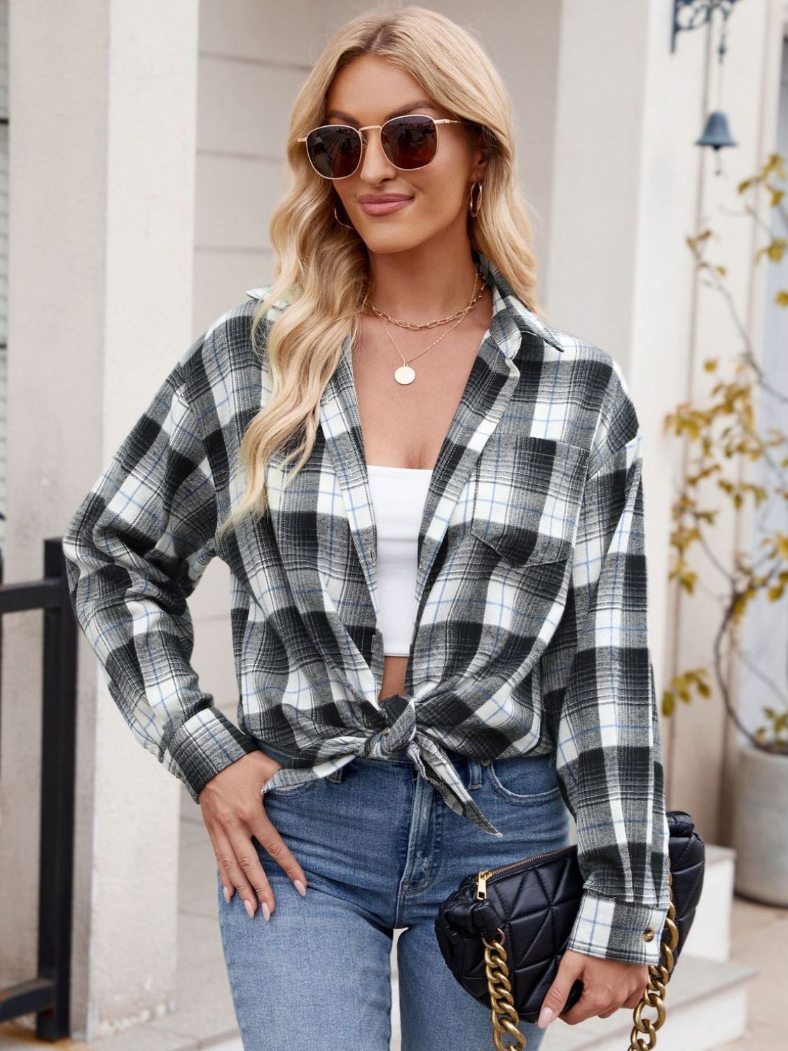 Plaid Collared Neck Long Sleeve Shirt Casual Fashion